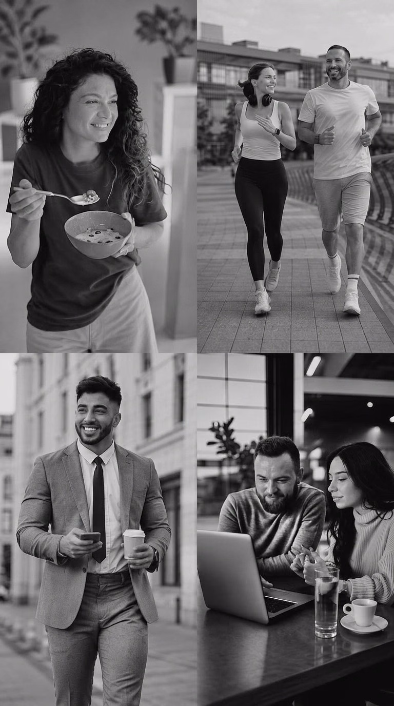 People fueling their mornings with Mornfreak — eating, commuting, training, and studying