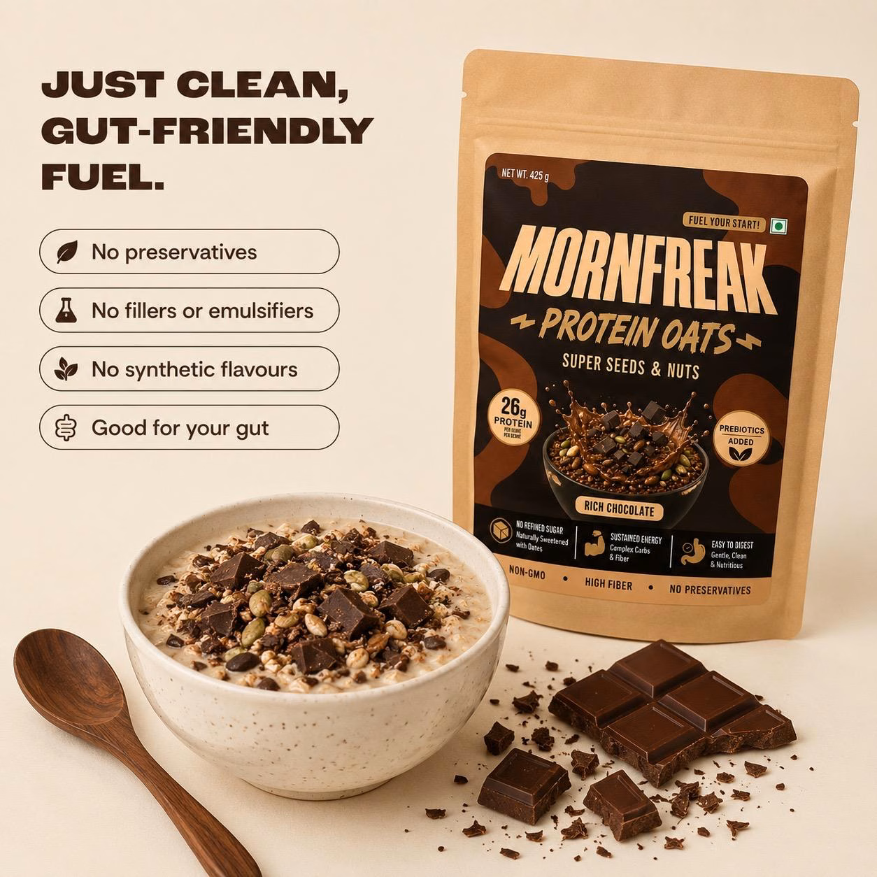 Protein Oats 425g pouch with a prepared chocolate oat bowl
