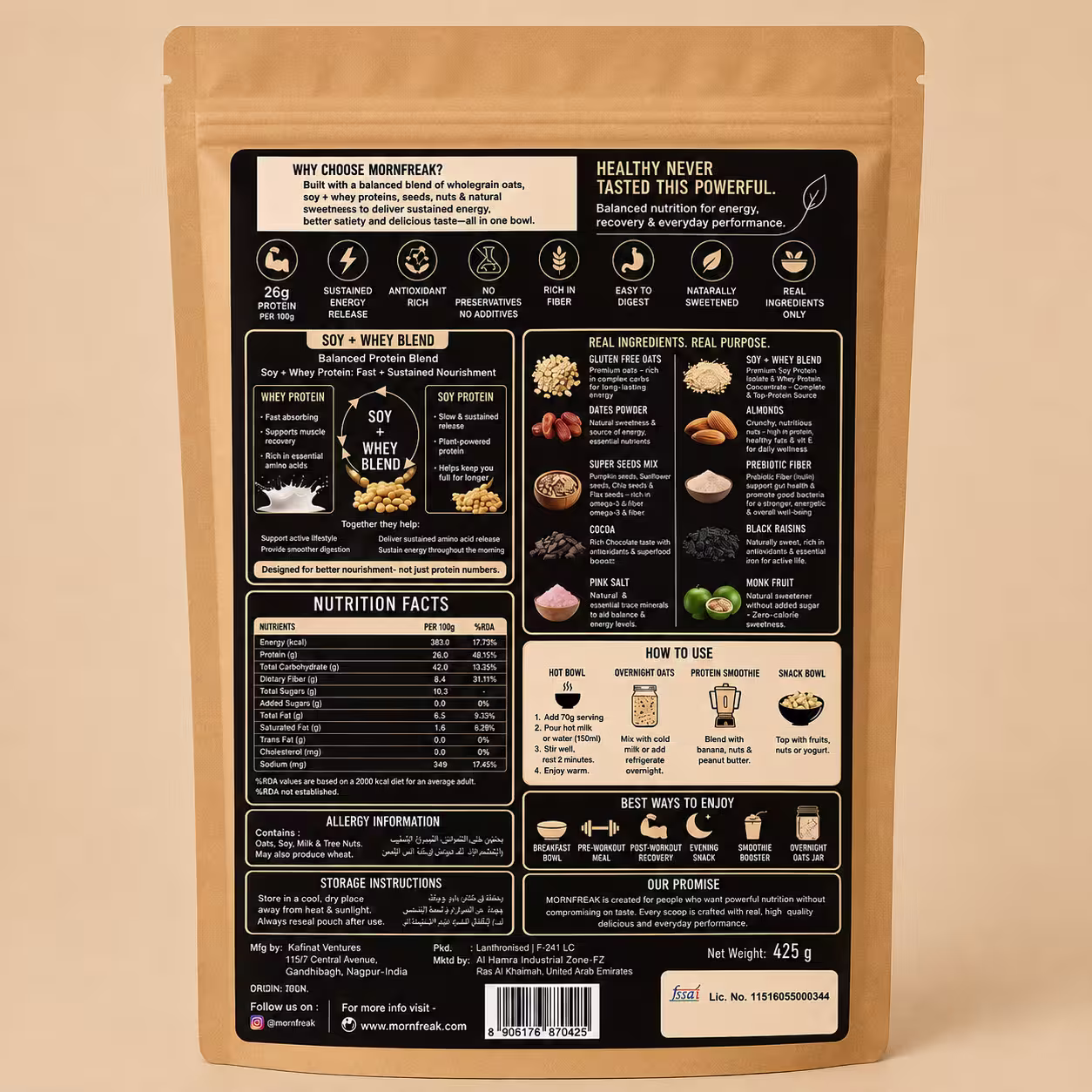 Protein Oats 425g pouch back panel