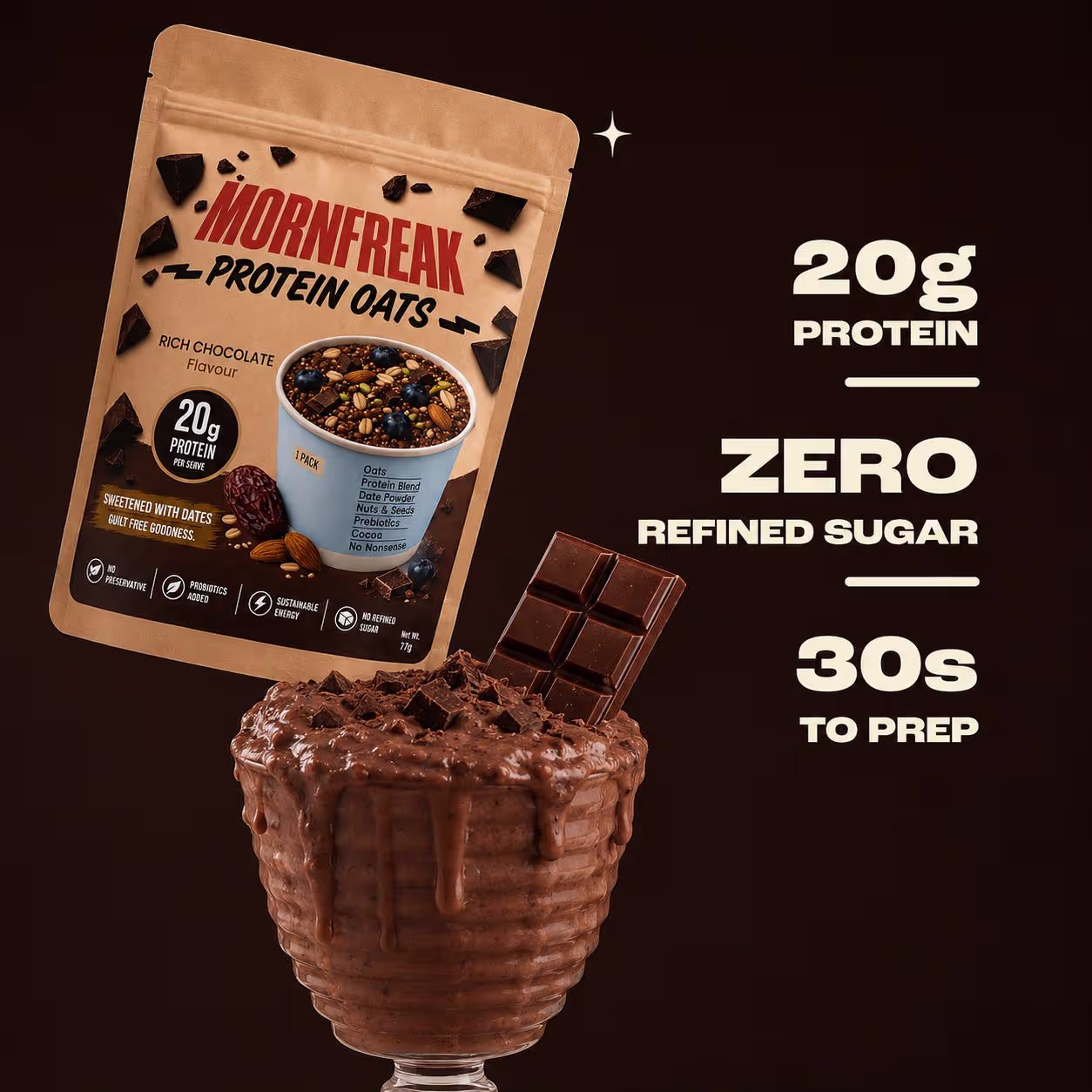 Protein Oats pouch with a prepared chocolate oat bowl