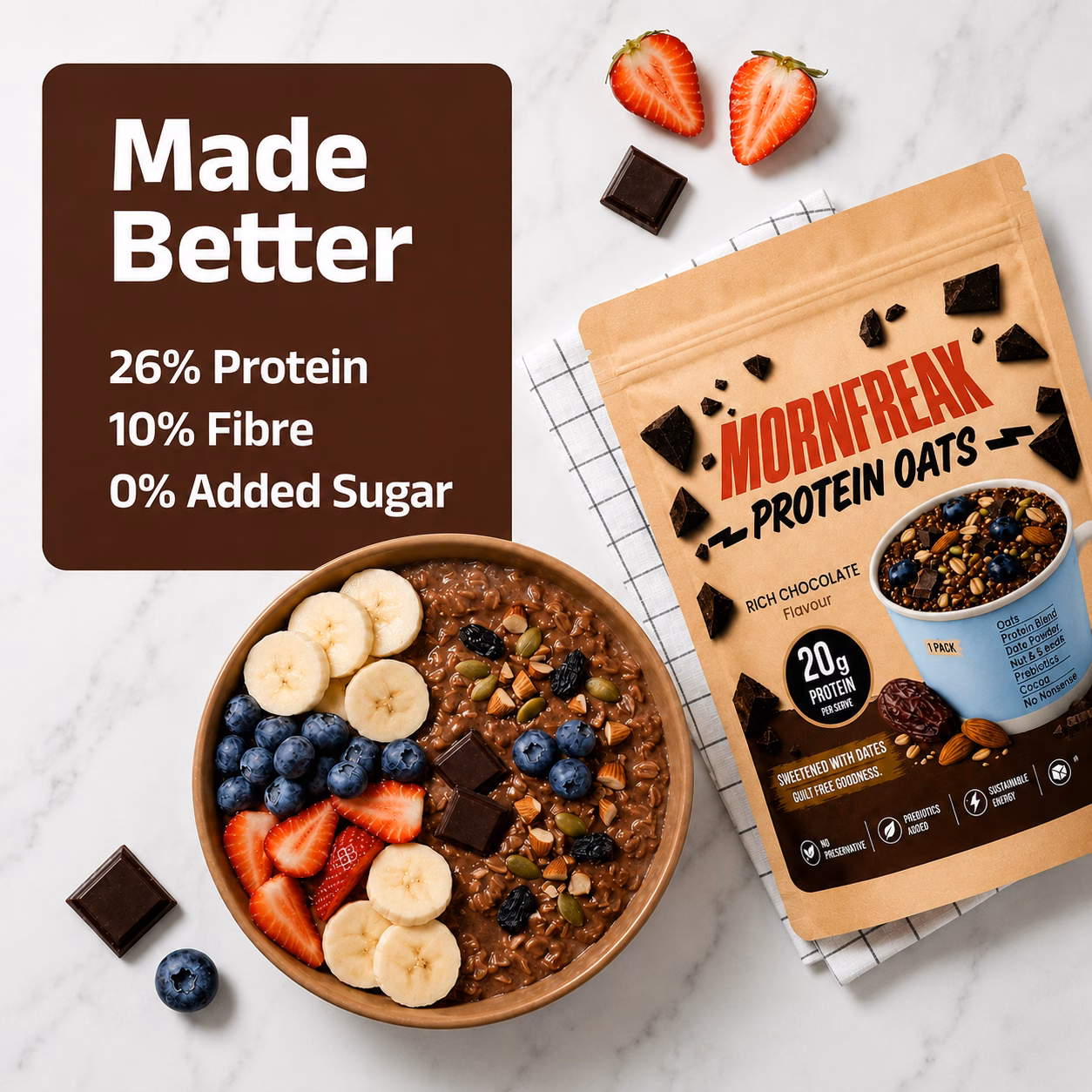 Protein Oats 77g pouch with a prepared chocolate oat bowl