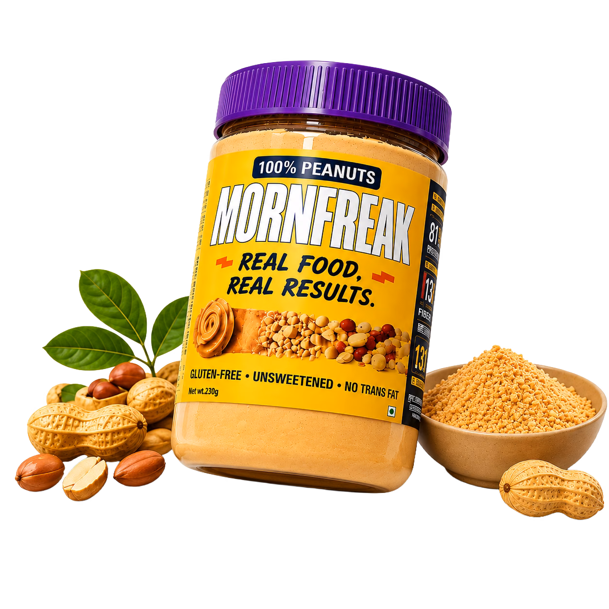 Mornfreak peanut butter powder jar with peanuts and a bowl of peanut powder