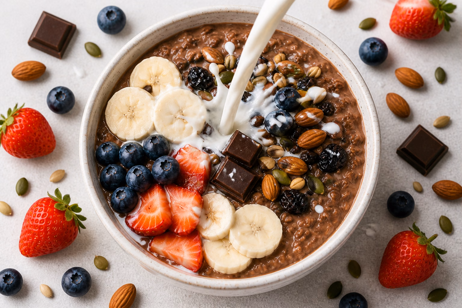 A chocolate oat bowl topped with fruit, nuts, seeds and dark chocolate